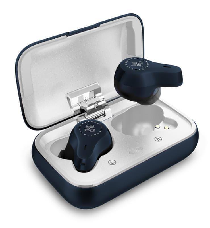 Indigo Colored Mifo O7 Earbuds in the case - Best Noise Cancelling Earbuds